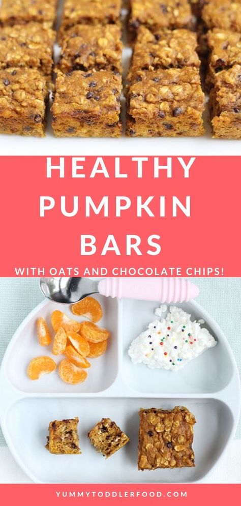 Fall Kid Snack Ideas, Toddler Bars Recipe, Healthy Snack Bars For Kids, Pumpkin Recipes Toddler, Toddler Snack Bars, Homemade Bars For Kids, Toddler Pumpkin Recipes, Fall Toddler Snacks, Kids Lunch Ideas Healthy