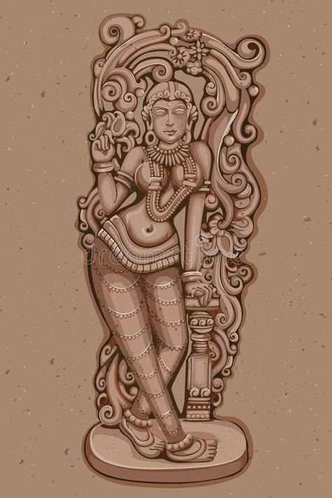 Vintage Statue of Indian female Sculpture. Vector design of Vintage statue of Indian female sculpture engraved on stone royalty free illustration Stone Illustration, Diwali Painting, Female Sculpture, Ancient Drawings, Traditional Sculptures, Vintage Statue, Buddha Art Drawing, Kerala Mural Painting, Kalamkari Painting