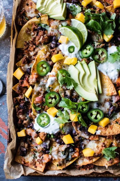 Black Bean Turkey Nachos with Jalapeno Yogurt - Deliciously perfect for Superbowl Sunday or even as a fun weeknight dinner! From halfbakedharvest.com Half Baked Harvest Turkey, Turkey Nachos, Nacho Recipe, Harvest Food, Half Baked Harvest Recipes, Nachos Recipe Easy, Mexican Flavors, Mexican Night, Yogurt Recipe