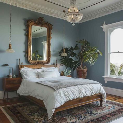 Classic Bedroom Inspirations, Modern Victorian Homes Interior Master Bedrooms, Circle Mirror Above Bed, Victoria Bedroom Ideas, Contemporary Victorian Bedroom, Funky Guest Bedroom, Gray Wall Bedroom Ideas Decorating, Vaulted Ceilings Bedroom, Modern Victorian Decor Bedroom