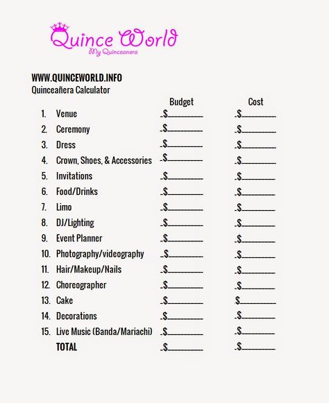 Quince Checklist, Quinceanera Planning Checklist, My Quinceanera, Function Math, Quinceanera Checklist, Sweet 15 Ideas, Invitations Quinceanera, Budget List, Sweet 15 Party Ideas Quinceanera