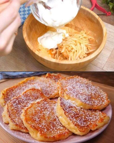 Grated Apple Pancakes, Greek Yogurt Apple Cake, Pancake Donuts Recipes, Yogurt Pancake Recipe, Yogurt Pancakes Healthy, Greek Yogurt Pancakes Recipe, Pancake Cups, 2 Ingredient Pancakes, Snack Quick