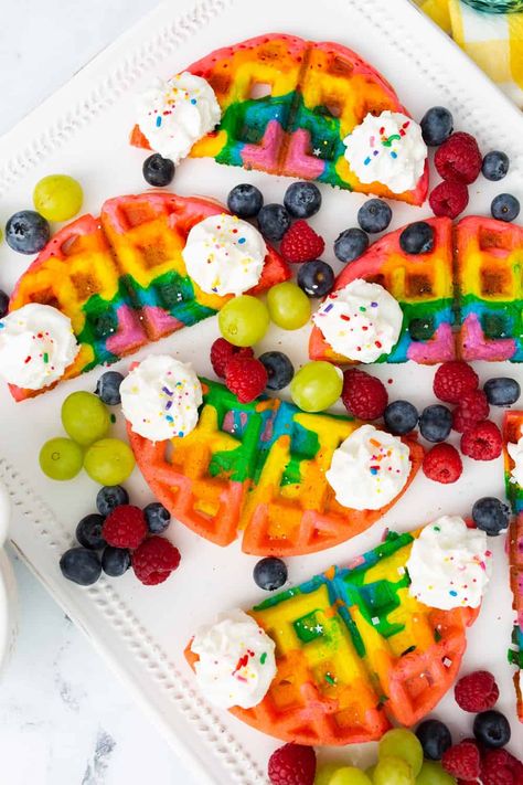 Breakfast Just Got More Magical With Rainbow Waffles! Easy Mini Waffle Recipe, Waffle Recipe From Scratch, Waffle Creations, Mini Waffle Recipe, Rainbow Pizza, Rainbow Waffles, Nature Camp, Breakfast Waffles, Waffle Mix