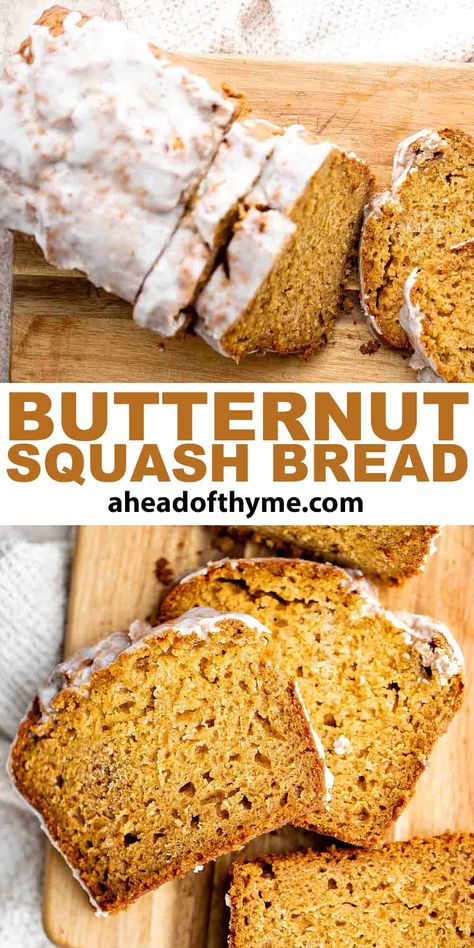 Move over pumpkin, there is a new loaf in town! Butternut Squash Bread is moist, fluffy, flavorful, and delicious. It’s loaded with real butternut squash and warm fall spices that and brings the pumpkin spice season to your home. Plus, this fall loaf cake is incredibly easy to make with a few baking staples and minimal prep time. Serve it for dessert at Thanksgiving dinner, as a school snack, or during a holiday brunch. | aheadofthyme.com #butternutsquashbread #butternutsquas via @aheadofthyme Butternut Squash Quick Bread, Butternut Squash Loaf, Winter Squash Bread Recipe, Butternut Squash Dessert, Butternut Squash Cake, Butternut Squash Bread, Squash Cakes, Butternut Squash Pie, Healthy Squash Recipes