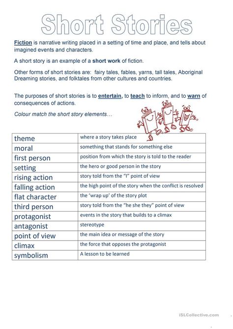 Short Story Elements - English ESL Worksheets for distance learning and physical classrooms Presentation Sites, Elements Of Fiction, Elements Of A Story, Story Elements Worksheet, Story Worksheet, Race Writing, Singular Nouns, Cursive Writing Worksheets, Kingston University