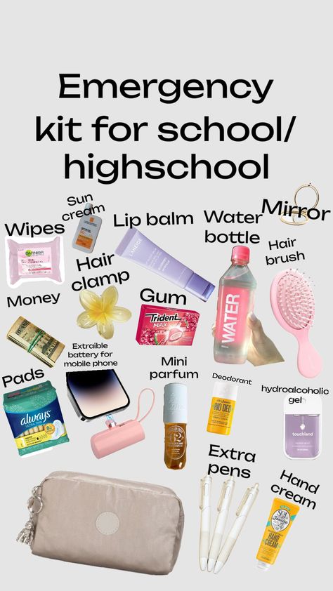 Emergency kit for school/high-school #emergencykit #preppy #girlsgirl #selfcareaesthetic #skincare High School Emergency Kit, Preppy Emergency Kit, Teen Emergency Kit For School, Emergency School Kit, Emergency Kit For School 6th Grade, Kit For School, School Emergency Kit, School Backpack Essentials, High School Bags