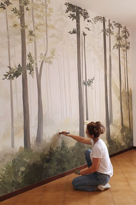 Nursery Hand Painted Mural Ideas, Playroom Wall Mural Forest, Magic Forest Mural, How To Paint A Forest Wall Mural, Woodland Wall Mural Diy, Fantasy Wall Mural Ideas, Painted Bedroom Walls Ideas, Hand Painted Trees On Walls, Forest Bedroom Mural