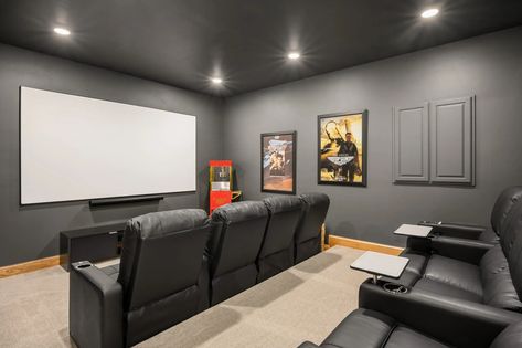 Bonus Room Movie Theater, Gray Theater Room, Modern Movie Theater, Theater Room Paint Colors, Movie Theater Design, Movie Theater Basement, Black Leather Couches, Home Theater Paint Colors, Basement Movie Theater