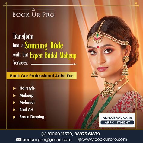 Book our skilled bridal makeup artist to create a personalized look that enhances your natural beauty Visit us: https://www.bookurpro.com/ Call us: +91 81060 11539, +91 88975 61879 #bookurpro #makeup #bridelmakeup #bridelartist #beauty #bridel #naturalmakup #facemakeup Bridal Makup, Jewelry Banner, Bridal Makeup Services, Bengali Bridal Makeup, Adobe Photoshop Design, Makeup Ads, Dark Eye Circles, Beauty Parlour, Banner Designs