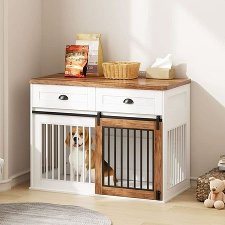 This modern style dog house is a great way to give your pet a comfortable and independent place to spend time with you in the corner of your home. Modern wood dog crate serves as a secure space for your pet as well as a practical piece of furniture that easily blends with your interior design. It is designed for medium and large sized dogs. The large dog cage furniture is made of sturdy MDF panels and metal iron pipes. It can hold up to 220 pounds. The dog crate with sliding door is convenient f Wooden Dog Cage, Wood Dog Kennel, Dog Crate End Table, Dog Crate Table, Furniture Style Dog Crate, Crate End Tables, Heavy Duty Dog Crate, Rustic Farmhouse Furniture, Indoor Dog House