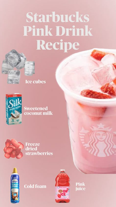 Starbucks drink recipe with ice, del monte strawberry juice on ice, sweetened coconut milk, and freeze dried strawberries, top off with cold foam. Delicious Starbucks drink at home. Starbucks Drinks Recipes Pink Drink, Pinkdrink Starbucks Recipe, How To Make A Pink Drink From Starbucks, How To Make Pink Drink, Starbucks Recipes Pink Drink, Pink Drink At Starbucks, Drink Recipes Starbucks, Pink Drink Starbucks Recipe, Homemade Starbucks Drinks