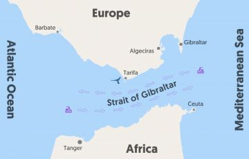 Strait of Gibraltar with direction of shipping traffic Strait Of Gibraltar, Geography Map, Mediterranean Sea, Atlantic Ocean, The Atlantic, The Mediterranean, Geography, Google Images, Read More