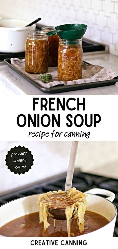 Experience the joy of having french onion soup for canning whenever you desire. Our pressure cannign reicpe covers everything from canning onions to sealing in that rich flavor. Perfect for Pressure Canning for Beginners. Unique Canning Recipes Ideas, Onion Broth For Canning, Potato Canning Recipes, Canning Recipes Soup, Canning Sweet Onions, Canning Onions, Preserve Onions, Canned French Onion Soup Recipes, Onion Soup Canning