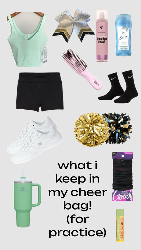 cheer bag essentials Cheer Comp Bag Essentials, What To Put In Your Cheer Bag, Cheerleader Tips, Cheer Goodie Bag Ideas, Cheer Bag Essentials, Cheer Essentials, Cheer Fits, Gymnastics Things, Cheer Bags