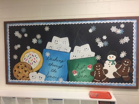 Winter Bulletin-Board! Cookies and Hot Chocolate and marshmallows!!! Yum! Marshmallow Bulletin Board, Hot Cocoa Bulletin Board Ideas For Kids, Hot Chocolate Bulletin Board Ideas, Hot Chocolate Bulletin Board, January Bulletin Board Ideas Preschool, Hot Cocoa Bulletin Board, January Bulletin Board Ideas, Winter Bulletin Board Ideas, Cookies And Hot Chocolate