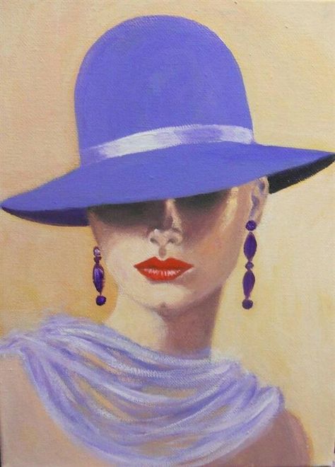 Art Deco Lady, Soyut Sanat Tabloları, Paintings I Love, Blue Hat, Woman Painting, Face Art, A Lady, Portrait Art, Portrait Painting