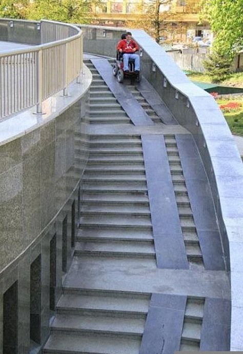 Accessibility Fail Stairs With Ramp, Wheelchair Ramp Design, Ramps Architecture, Accessibility Design, Ramp Stairs, Landscape Stairs, Ramp Design, Urban Design Architecture, Wheelchair Ramp