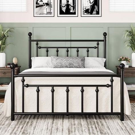 Amazon.com: Allewie 14 Inch Queen Size Metal Platform Bed Frame with Victorian Vintage Headboard and Footboard/Under Bed Storage/No Box Spring Needed/Easy Assembly/Noise-Free/Mattress Foundation/Black : Home & Kitchen Black Metal Bed Frame Amazon, Vintage Headboard, Vintage Headboards, Metal Platform Bed Frame, Headboard Decor, Sleep Environment, Iron Bed, Metal Platform Bed, Victorian Vintage