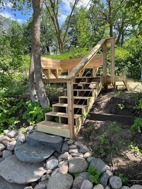 IMG_0877 Steps Down To Lake, Hill Stairs Outdoor Steps, Trex Steps, Dock Steps Into Water, Deck Stairs With Landing Wood, Steep Lakeside Steps, Diy Stairs Outdoor, Beach Stairs, Lake Landscaping