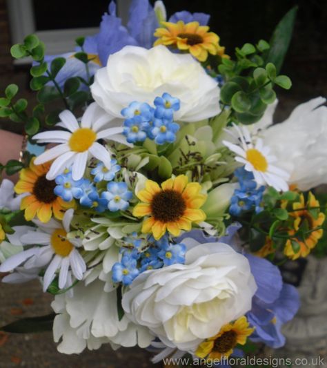 Bridal Bouquet with mini Sunflowers, Daisies, Roses, Peonies, Iris and Forget-Me-Nots Sunflower Forget Me Not Bouquet, Flower Bouquet Forget Me Not, Bridal Bouquet With Forget Me Nots, Peonies And Forget Me Nots, Sunflowers And Forget Me Nots, Daisy And Forget Me Not Bouquet, Forget Me Not Flowers Bouquet Bridal, Bouquet Forget Me Not, Forget Me Not Bouquet Wedding