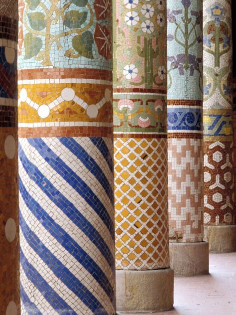 columns in Spain Mosaic Columns, Tiled Column, Barcelona Architecture, Column Design, Mosaic Murals, Palau, Stained Glass Mosaic, Tile Art, Mosaic Art