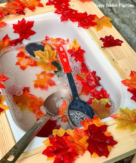 an easy sensory bin for toddler to do during Fall Autumn Term Eyfs, Fall Toddler Sensory Activities, Fall Themed Sensory Activities, Reggio Emilia Autumn Ideas, Autumn Curiosity Cube, Preschool Autumn Art, Fall Loose Parts Ideas, Toddler Activities Autumn, Baby Autumn Activities