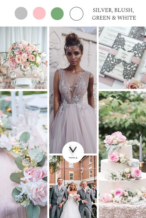 wedding inspiration, pink and silver wedding, blush wedding, green and silver wedding, silver and blush wedding, white and pink wedding, silver and pink tabletop, wedding cake, gray groomsmen, gray wedding, grey wedding, floral design, pink and silver floral, tabletop inspiration, wedding inspo, wedding mood board, mood board Pink White Silver Wedding Color Schemes, Blush Pink And Silver Grey Wedding, Pink And Silver Wedding, Blush And Light Grey Wedding, Pink Gray White Wedding Theme, Pink Gray Wedding Theme, March Wedding Colors, Pink Grey Wedding, Grey Wedding Theme