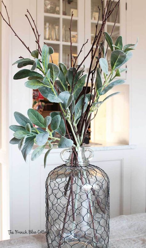 A glass jar with winter stems and branches. Large Glass Jar Ideas Decor, Decorating With Pitchers, Carboy Jug Decor, Glass Jug Decor, Winter Vase Filler Ideas, Glass Jugs Decor Ideas, Clear Glass Vases Decor Ideas, Clear Vase Filler Ideas, Jugs Decor