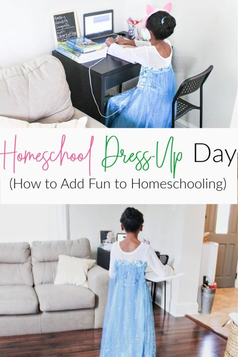 Homeschool Dress-Up Day - How to Make Homeschool Less Boring – At Home With Zan Diy Homeschool Picture Day, Diy Homeschool, Homeschool Routine, Elsa Costume, Dress Up Day, Homeschool Schedule, Homeschool Help, Homeschool Organization, Affordable Decor