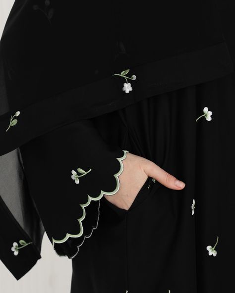 Introducing the highly sought-after Takisha Abaya, making a comeback tomorrow with exciting new colors: Beige and Sage! If you love floral and scallop trimmings on your abaya sleeves, Takisha Abaya is your ultimate pick! Stay tuned for Eden Elegant Collection Pre-Order coming to you tomorrow. Don’t miss it❤️ Cute Abaya Designs, Floral Abaya Designs, Abaya Sleeves Design, Elegant Abaya Designs, Abaya Sleeves, New Abaya Designs, Floral Abaya, Simple Abaya Designs, Embroidery Abaya