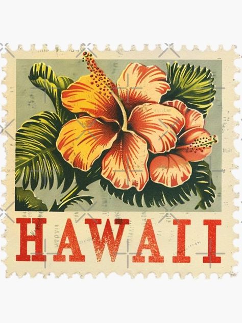 "Vintage Hawaii Postage Stamp with Tropical Hibiscus" Sticker for Sale by tiigerdad | Redbubble Hawaii Aesthetic Vintage, Tropical Postcard, Hawaii Stickers, Hibiscus Sticker, Wedding Moodboard, Tropical Hibiscus, Summer 2025, Vintage Hawaii, Vintage Postage Stamps