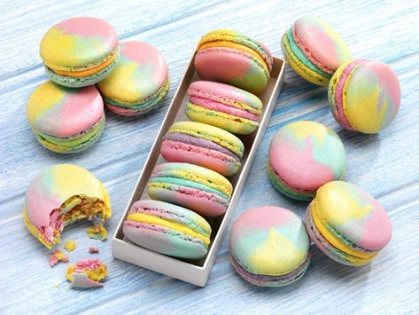 How To Make Rainbow Macaroons: Perfect For A Party - Claire Justine Rainbow Macaroons, Rainbow Macarons, Kue Macaroon, Sugar Icing, Macaroon Recipes, Brighter Days, Gel Food Coloring, Ground Almonds, Classic Food