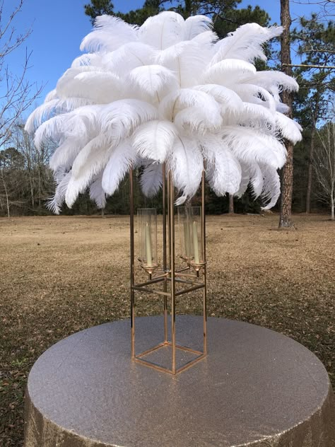 Harlem Nights Theme Party, Harlem Nights Theme, Feather Arrangements, Gold Candelabra, Party Like Gatsby, Jasmine Wedding, Gatsby Themed Party, Feather Centerpieces, Gold Centerpieces