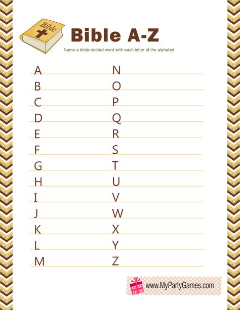 How many Bible-related words can you make? Bible A-Z Game Alphabet Game, Minute To Win, Minute To Win It Games, Free Printable Games, Alphabet Games, It Game, Minute To Win It, Printable Game, Printable Games