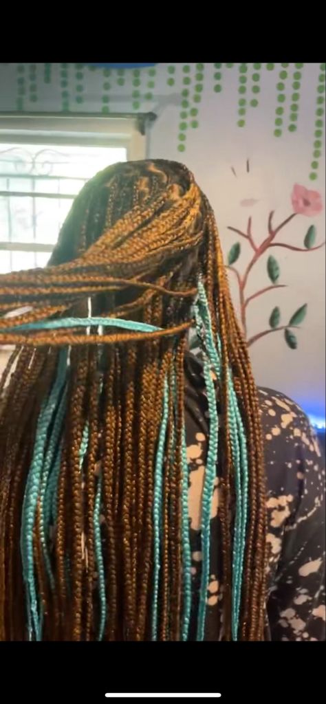 Blue And Brown Knotless Braids, Brown And Blue Hair Black Women, Brown And Blue Braids, Teal Braids, Blue Knotless Braids, Blue Knotless, Coloured Braids, Blue Box Braids, Goth Shoes