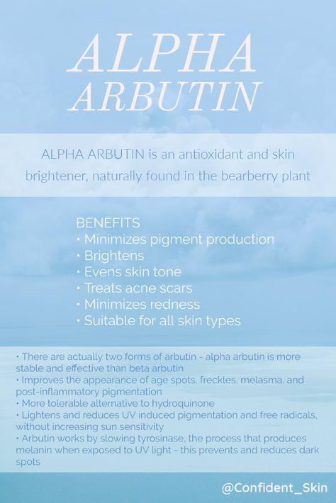 Alpha Arbutin, a relatively unheard of yet powerful skincare ingredient. Alpha Arbutin is a skin brightener that targets dark spots, great for skin suffering from hyperpigmentation, uneven skin tone and acne scars. It is very effective (even more so with AHA's or Vitamin C), but also safe for all skin types and tones. #skincare #skincareroutine #skincaretips #beauty #Confident_Skin #oilyskin #dryskin #combinationskin #sensitiveskin #acneproneskin #antiaging #alphaarbutin Alpha Arbutin Benefits For Skin, Arbutin Benefits For Skin, Alpha Arbutin Benefits, Honey Masks, Hyperpigmentation Mask, Skin Brightener, Diy Honey, Beauty Skin Quotes, Skin Facts