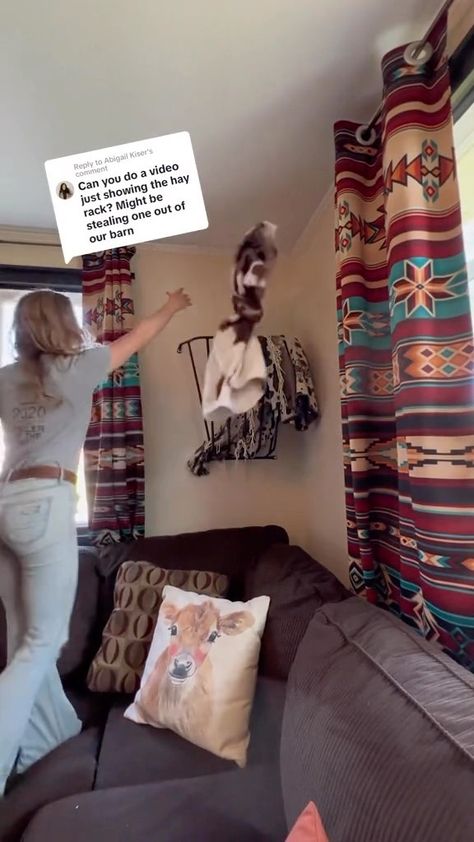 I’ve never wanted a hay rack so badly 😍 (Credit @nikkionthefarm via TikTok) #farmhousefanatics #farmhouse #farmhousestyle… | Instagram Hay Bin Blanket Holder, Hay Blanket Holder, Hay Rack For Blankets, Hay Feeder Blanket Storage, Hay Rack Blanket Holder, Wall Blanket Storage, Blanket Storage Living Room, Blanket Storage Ideas, Horse Feeder