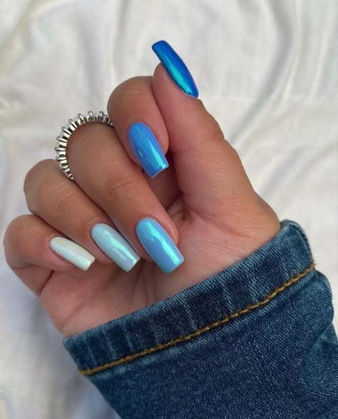 Blueberry Milk Nails, Spring Colors For Nails, Light Blue Chrome, Colors For Nails, Monochromatic Nails, Milk Nails, Ombre Chrome Nails, Blueberry Milk, Blue Chrome Nails