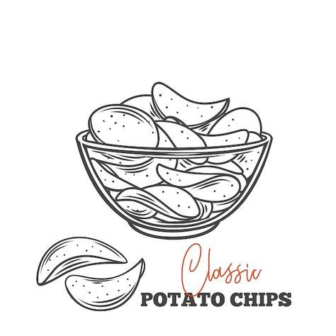 Potato Drawing, Chip Tattoo, Cookie Vector, Burger And Chips, Chip Bowl, Food Doodles, Badge Template, Food Sketch, Ad Illustration