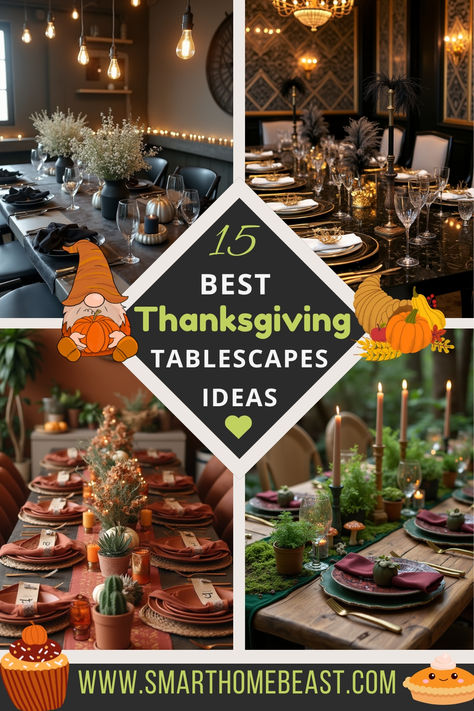 An image collage featuring various Thanksgiving tablescape ideas, including cozy rustic settings, modern black and gold elegance, earthy bohemian vibes, and lush greenery tablescapes for a festive look. Thanksgiving Elegant Table Settings, Elegant Fall Tablescape Ideas, Rustic Thanksgiving Table Settings, Thanksgiving Table Scapes Ideas, Holiday Tablescapes Thanksgiving, Holiday Table Settings Thanksgiving, Thanksgiving Table Decorations Ideas, Thanksgiving Dinner Table Setting Ideas, Thanksgiving Tablescapes Ideas