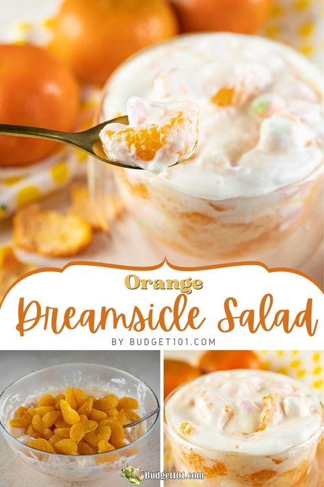 Orange Dreamsicle Salad Recipe – A Delightful Dessert Treat  Orange Dreamsicle Salad blends orange Jell-O, vanilla pudding, Cool Whip, mandarin oranges, and marshmallows for a creamy, citrusy treat. #Budget101 Orange Pudding Recipe, Orange Dreamsicle Salad, Dreamsicle Salad Recipe, Eggless Cookie Dough Recipe, Dreamsicle Salad, Creamy Popsicles, Orange Jello Salads, Congealed Salad, Frosty Recipe