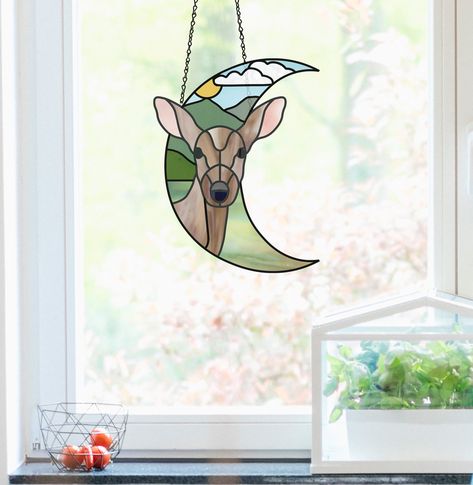 A stained glass pattern for a lovely forest scene with a deer standing in a forest landscape, shaped like a crescent moon. Stained Glass Deer, Custom Crafts, Diy Staining, Modern Stained Glass, Stained Glass Pattern, Deer Pattern, Deer Art, Moon Pattern, Stained Glass Diy