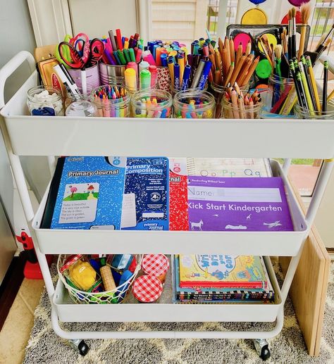 Learning Spaces at Home: Homeschool & Distance Learning Workspaces - The Art Pantry Kids Room Organization Diy, Kindergarten Journals, Rolling Carts, Design Camp, Reading Spot, Screen Free Activities, Art Cart, Wine Crate, Rolling Cart