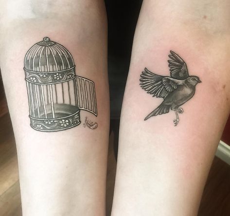 Married Rings, Yellow Bird Tattoo, Hannah Flowers, Birdcage Tattoo, Cage Tattoo, Bird Set Free, Cage Tattoos, Cuff Tattoo, Small Couple Tattoos