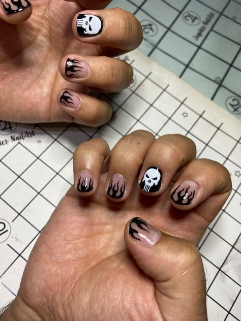 Punisher men nails Men’s Halloween Nail, Guys Nails Designs, Men Halloween Nails, Men Acrylic Nails, Halloween Nails For Men, Mens Acrylic Nails, Halloween Nails Men, Short Nail Designs Men, Men Painted Nails