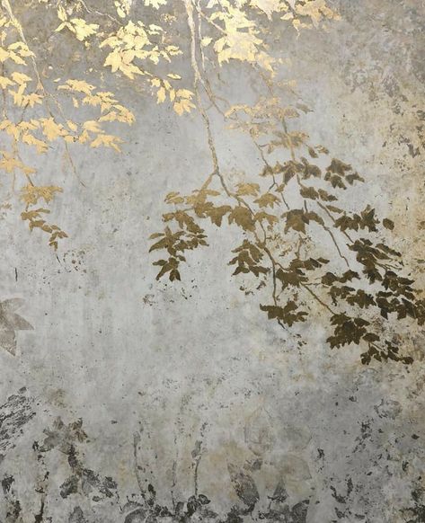 Leaf Feature Wall, Gold Leaf Accent Wall, Wall Leaves Decor, Gold Leaf On Walls, Gold Leaf Mural, Gold Painting Ideas, Gold Wall Paint, Gold Feature Wall, Gold Wall Painting