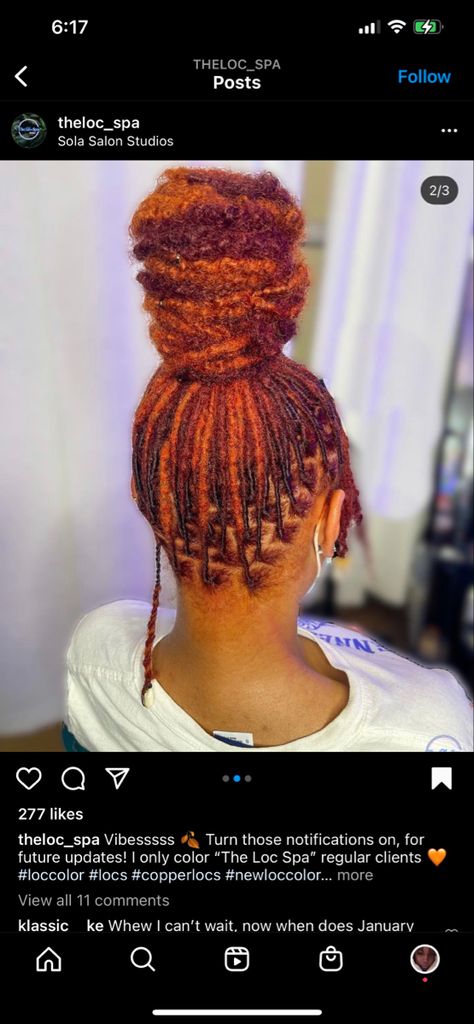 Dreadlock Hairstyles Long Hair, Fun Loc Colors, Loc Colored Tips, Lock Color Hair, Burgundy And Burnt Orange Locs, Dreads With Color Black Women, Locs Fall Colors, Dread Locs Color Ideas Black Women, Red And Orange Locs Black Women