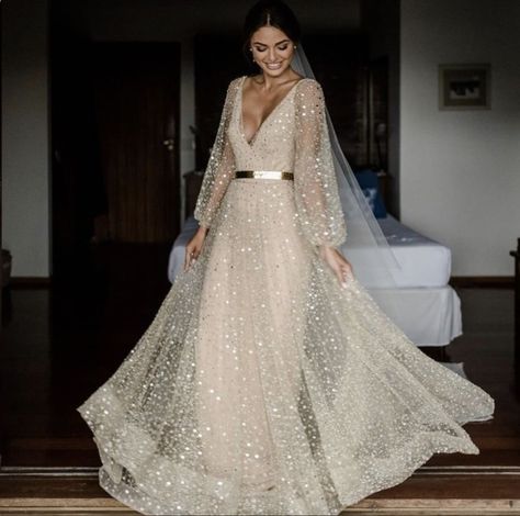 Beloved Bridal | Ann Arbor, MI | In-store now #weddingdresses #chosenbyoneday #nala #bridalshop Champagne Wedding Dresses, Wedding Dresses V Neck, Bohemian Beach Wedding Dress, Plus Size Beach, Beach Bohemian, Glamour Vintage, Dresses V Neck, Wedding Image, Sparkle Wedding Dress