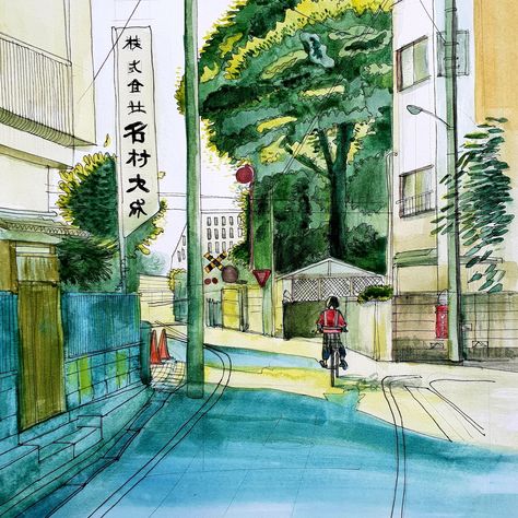 Japanese street crayon pencil drawing on paper watercolour paint Japanese Street Sketch, Japanese Streets Drawing, Japanese Train Drawing, Background Drawing Reference Street, Japanese Street Reference, Watercolour And Pencil Crayon, Japanese Building Drawing, Japanese Street Painting, Japanese Watercolour Painting