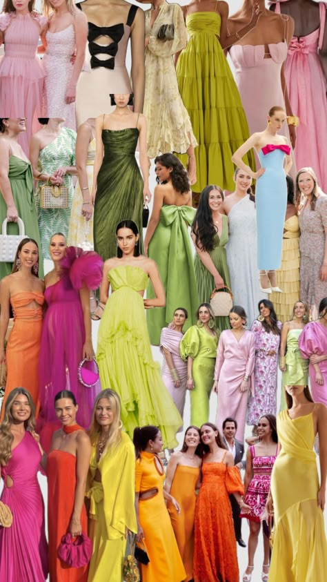 Mixed Color Bridesmaid Dresses Summer, Dramatic Bridesmaid Dresses, Cocktail Garden Party Outfit, Green And Orange Bridesmaid Dresses, Colorful Wedding Attire, Colorful Black Tie Wedding Guest, Bright Bold Bridesmaid Dresses, Festive Wedding Attire Guest, Colourful Wedding Guests